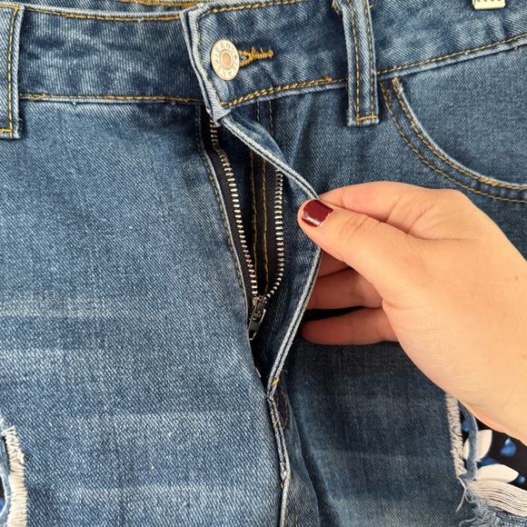 Floral Patchwork Raw Hem Denim Shorts Medium Boho Festival Edgy High Waist - Picture 7 of 12